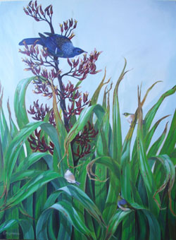Copy of Tui and waxeyes in flax by Janet Marshall acrylic on canvas 100H x 750Wcms copy.jpg